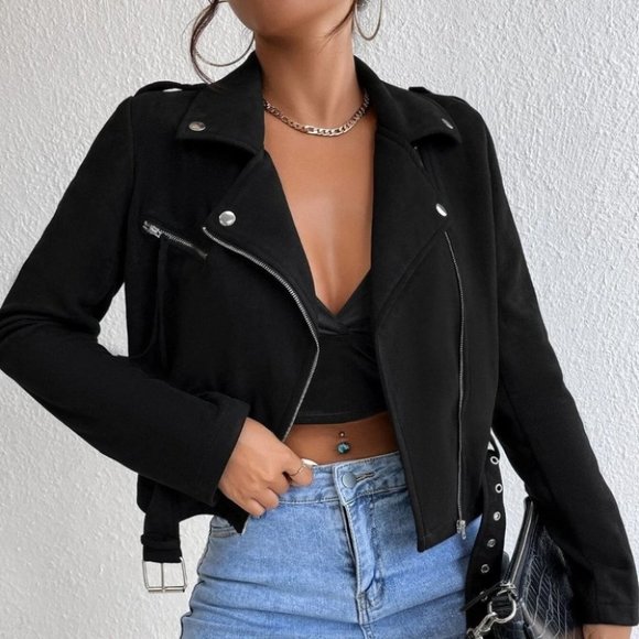 zip up crop moto jacket biker black - Picture 1 of 6